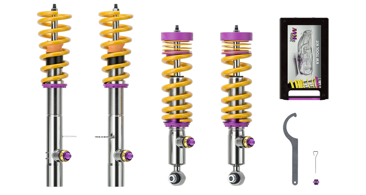 The KW Variant 4 coilover suspension kit has long been available not only for sporty coupés such as the BMW M4, but also for sedans such as the Dodge Charger Hellcat SRT, or for station wagons such as the Audi RS6 Avant. The suspension manufacturer KW automotive also offers this aftermarket suspension for Sport Utility Vehicles (SUVs), such as the BMW X5M Competition (F95) and BMW X6M Competition (F96).