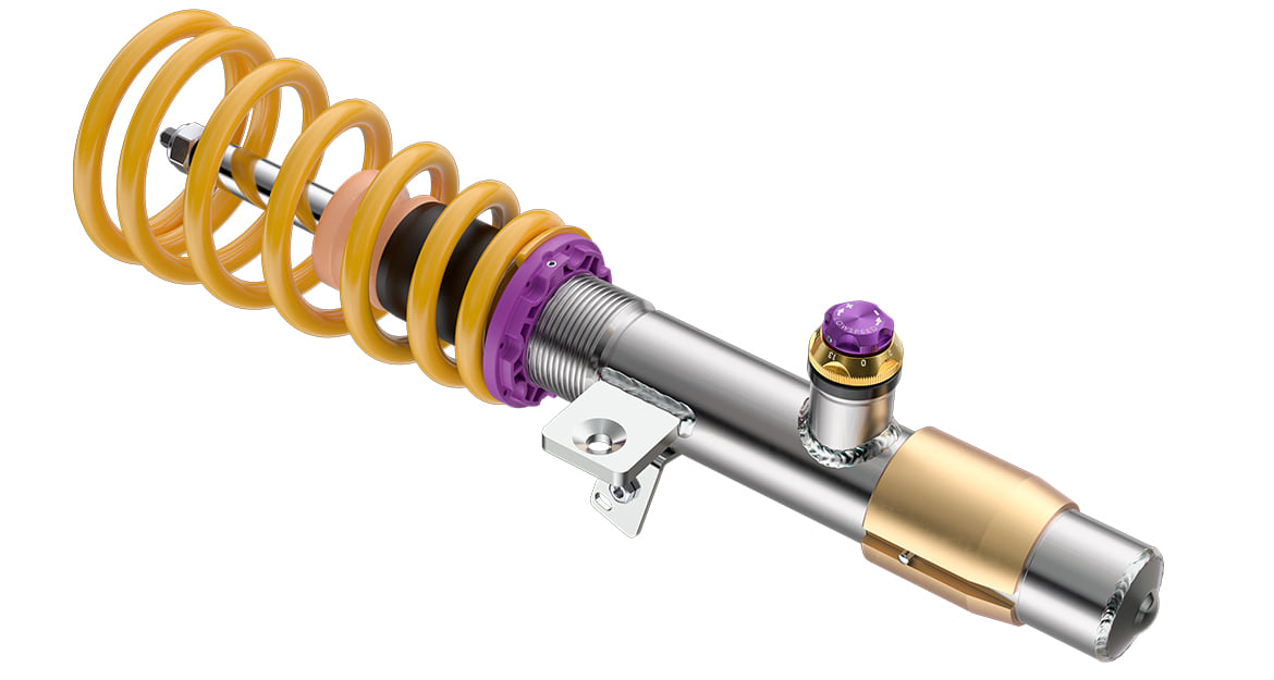 The golden adjustment wheel can be used to set the damping in high-speed compression with 14 clicks and with the purple wheel, the damping characteristics in low-speed compression can be fine-tuned with 13 clicks.