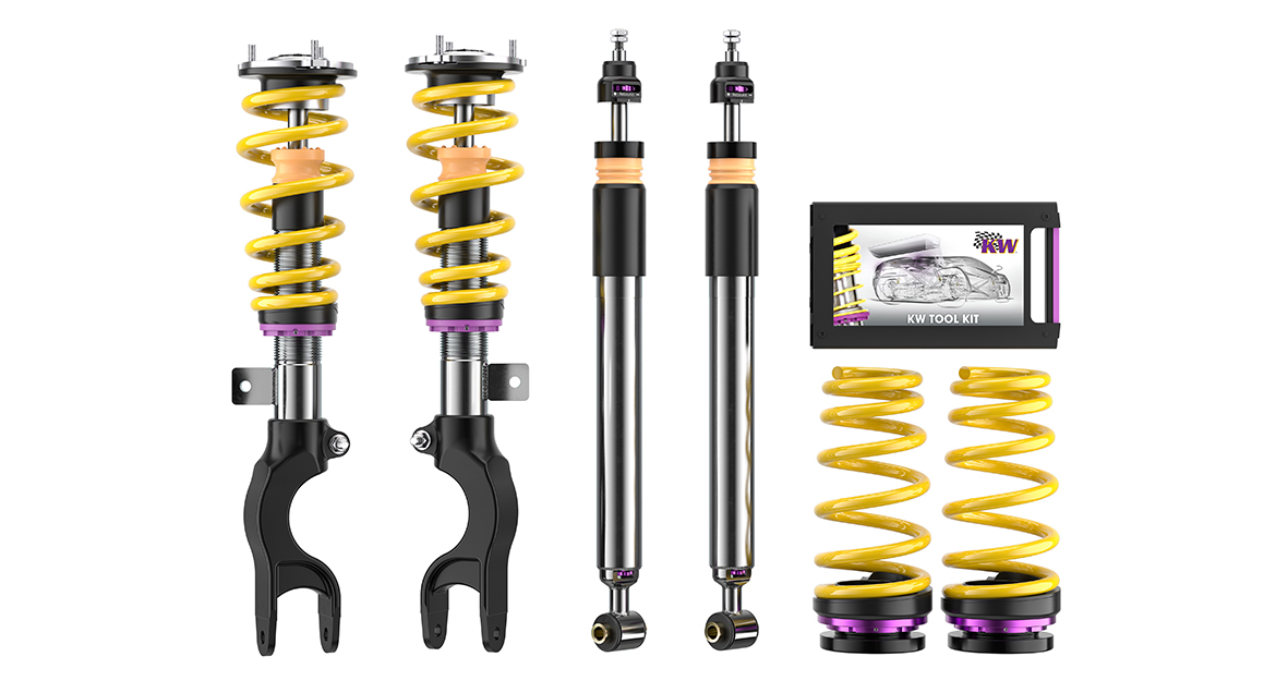 With the stainless-steel KW V3 Leveling suspension, KW automotive combines the driving dynamics and ride comfort of its popular KW V3 Coilover suspension with near-original stock ground clearance.