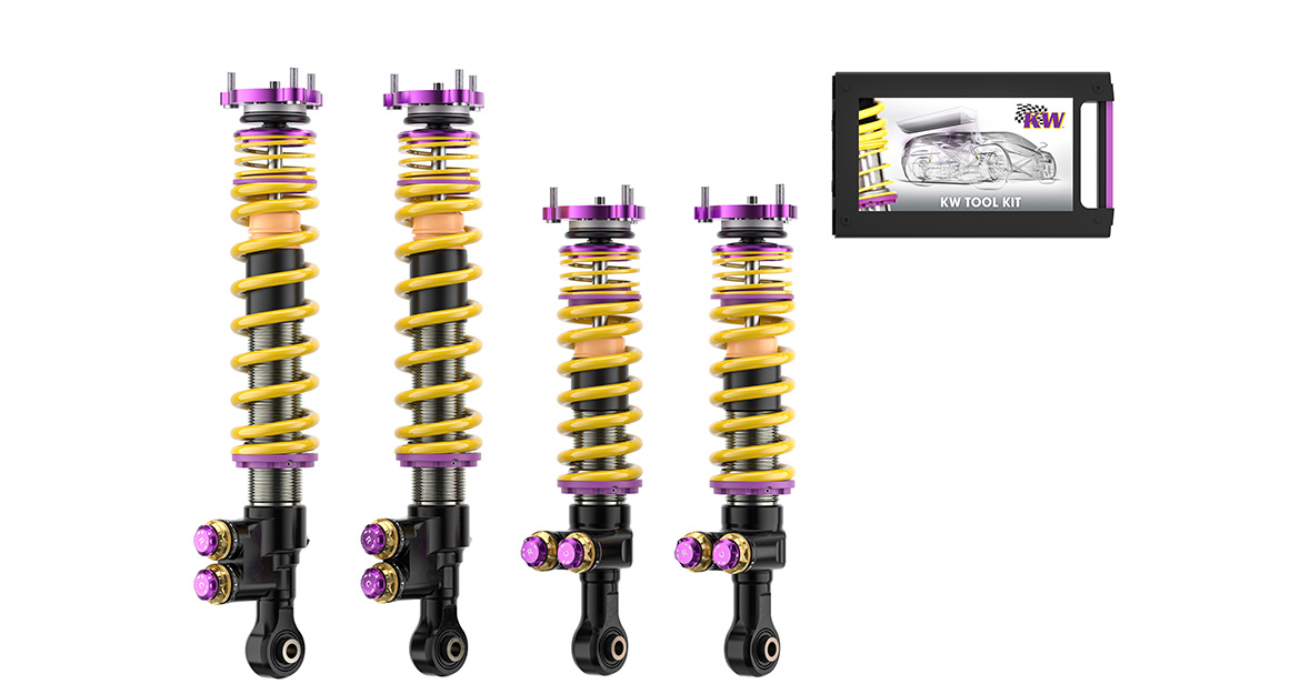The entire suspension design of the KW V5 Clubsport coilover suspension with aluminum unibal top mounts, racing springs, and four-way adjustable dampers is designed for use with semi-slick tires on production-based vehicles.