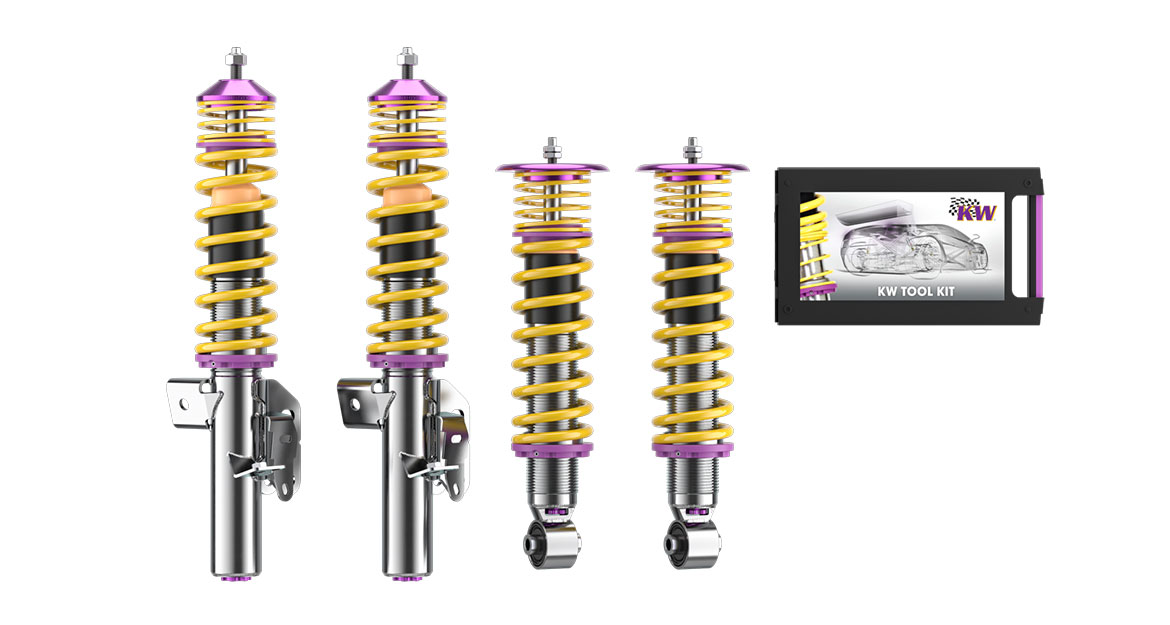 The new Toyota can also be equipped with our V3 series coilovers. Here, the low-speed range of the compression and rebound damping can be adjusted. The lowering can also be influenced with the KW V3.