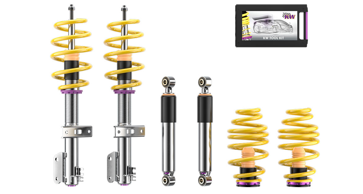The entire basic setup of the dampers, coilover springs, and spring deflection of our KW V3 is as tight as needed and as comfortable as possible.