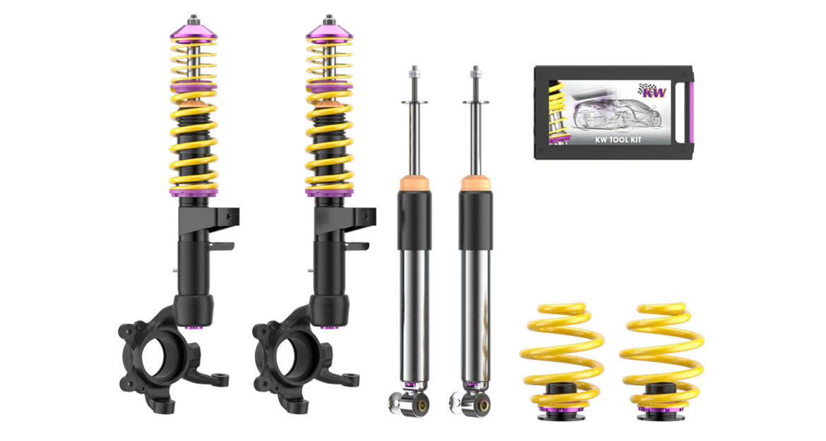 In the scope of delivery, our V3 coilover kit comes with suspension struts for the front axle and rear axle and an included KW tool kit.
